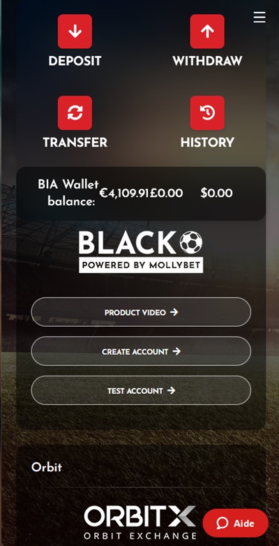 Vista de la aplicación que muestra el acceso a BLACK y OrbitX